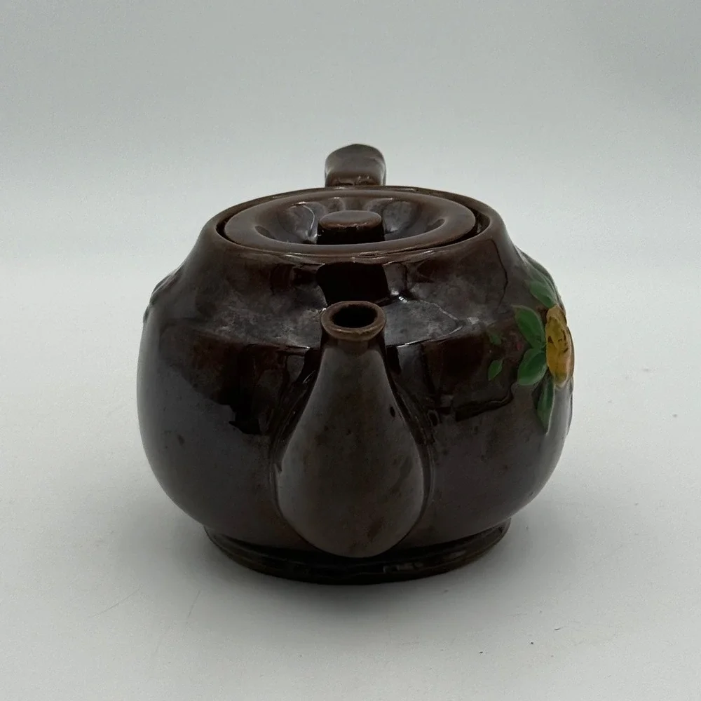 Vintage Made in Japan Brown Glazed Ceramic Floral Teapot Hand Painted 4.5 Inch